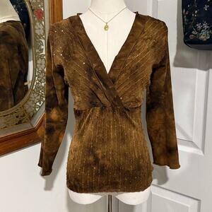 VTG Y2K Moanora Dark Brown Tie Dye Sequin Embroidered Boho Fairy Faux Wrap Top L
